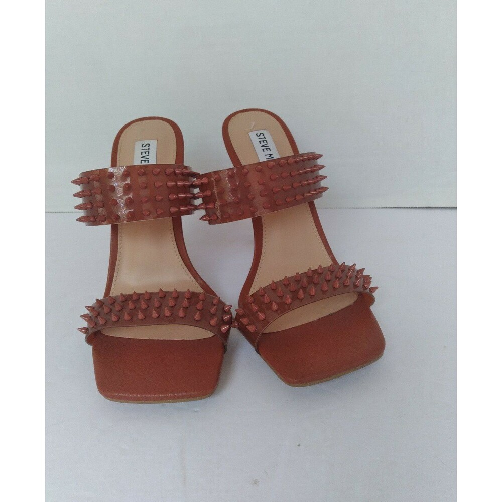 Steve Madden Studded High Heel Mules Brown Leather Sandals Edgy Statement Shoes